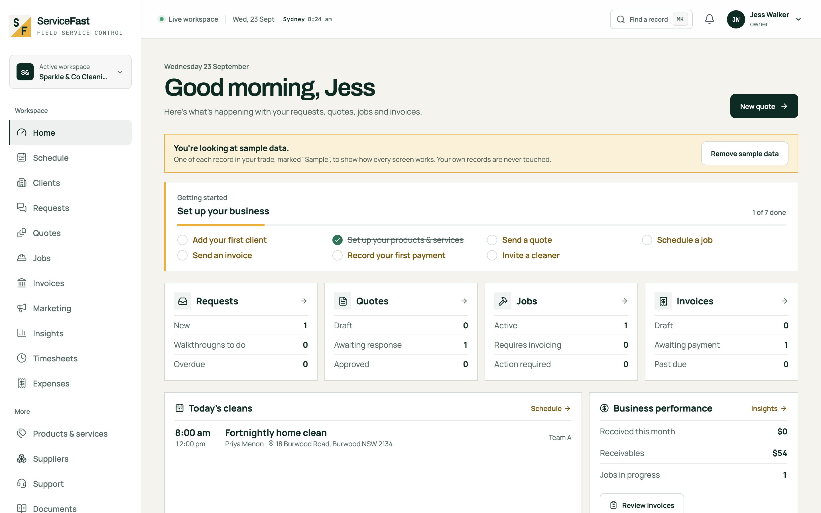 ServiceFast Home for a cleaning business: requests, quotes, jobs and invoices counts, and today's cleans.
