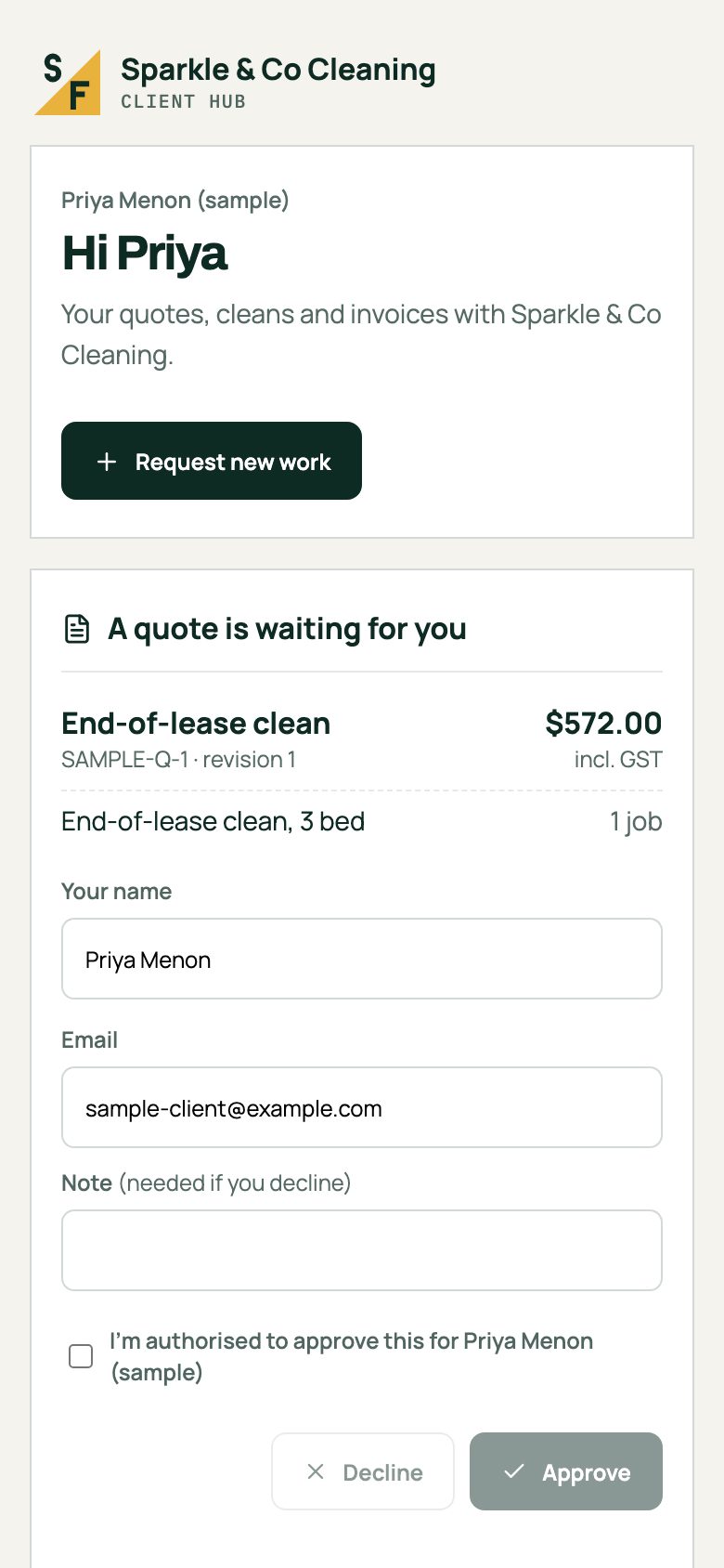 A client's hub on a phone, with a quote waiting for approval.