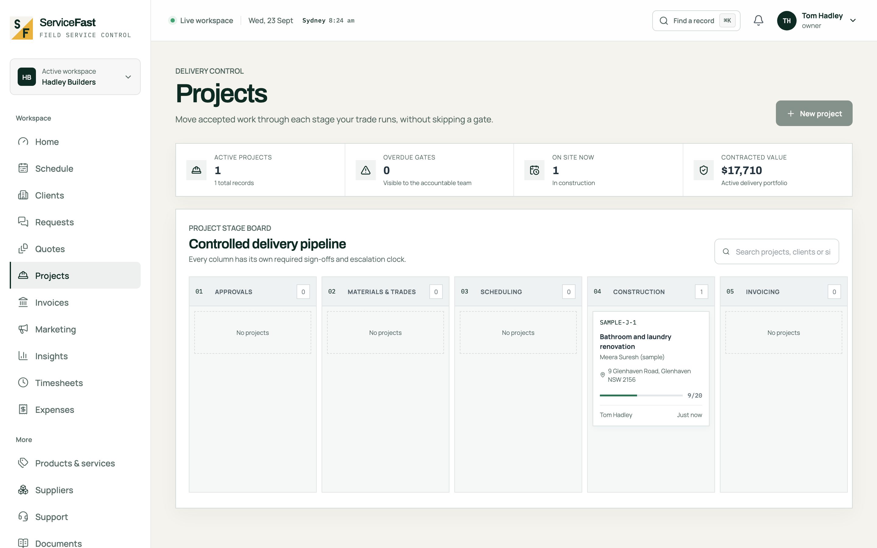 The Projects board for a builder, with Approvals, Materials & trades, Scheduling, Construction and Invoicing columns.