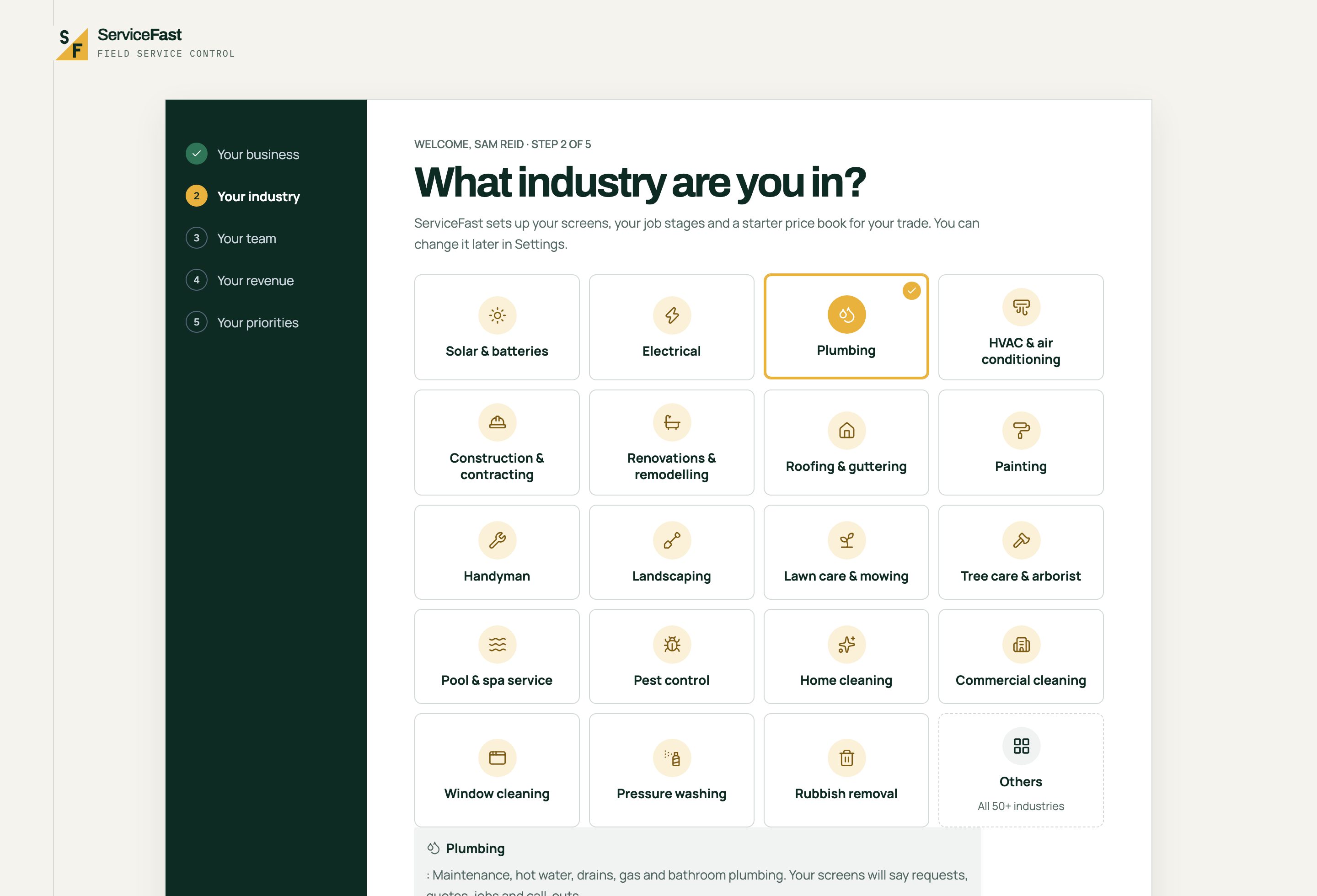 The ServiceFast sign-up step asking what industry you are in, with trade cards and Plumbing selected.