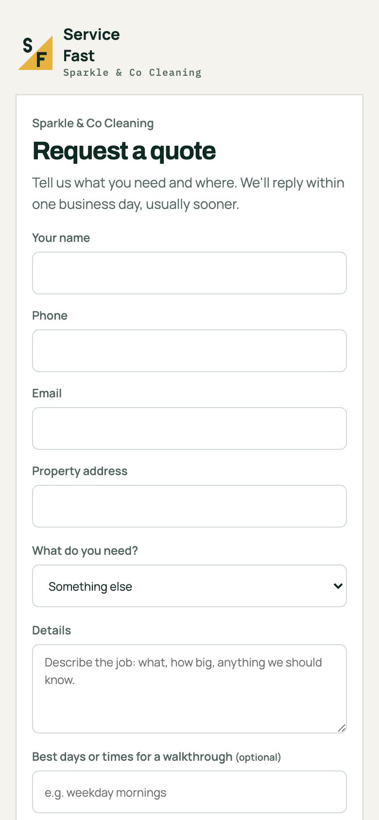 The online request form a cleaning business shares, on a phone.